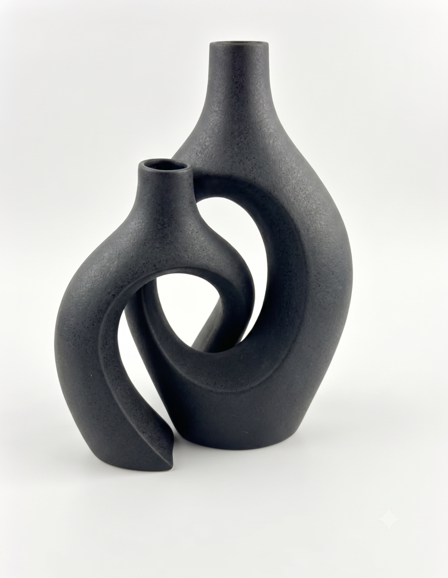 Ceramic Vase Set of 2, Modern Abstract Interlinked Gallery Forms Matte Flower Vases for Nordic Boho Home Decor, Living Room Table and Shelf Display (Black)