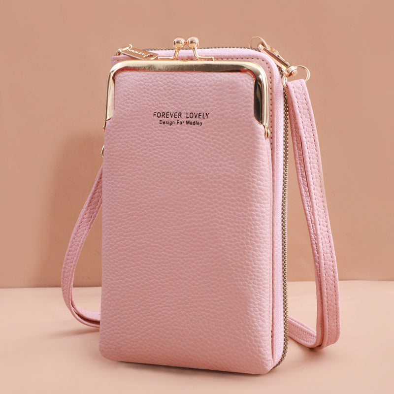 Mobile Phone Bag With Lock Design Korean Style Fashion Lychee Pattern Crossbody Bags For Women