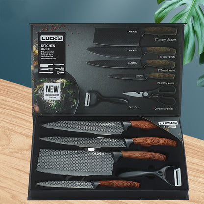 Six-Piece Set Of Stainless Steel Knives With Wooden Handle