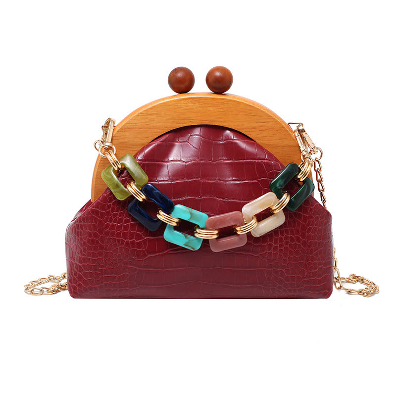 Bags Women'S Trendy Fashion Art Fan Guofeng Bags Ethnic Chain Bags Portable Wooden Pu Women'S Bags