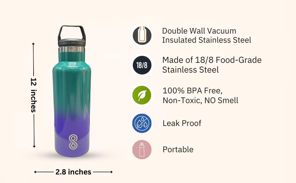 Water Bottle - 25 Oz, Leak Proof - Stainless Steel | Blue Lagoon