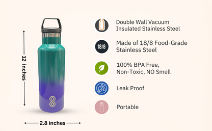 Water Bottle - 17 Oz, Leak Proof - Stainless Steel | Blue Lagoon