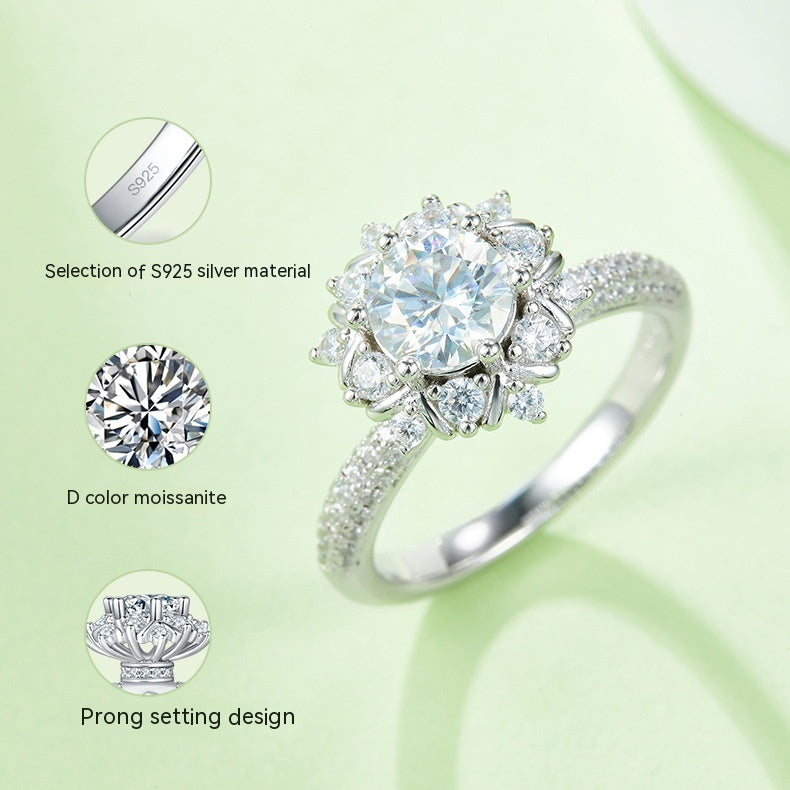 925 Silver Colors Moissanite Ring 1 Karat Artificial Cultivation Diamond Flower Proposal