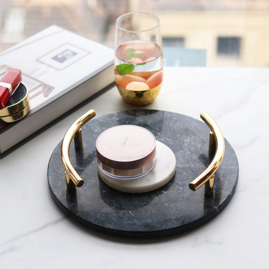 Metal Handle Marble Round Tray Dining Tray