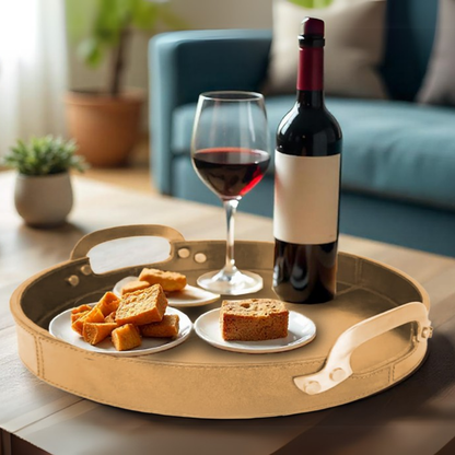 Round Leather Stitched Tray with Brass Handle