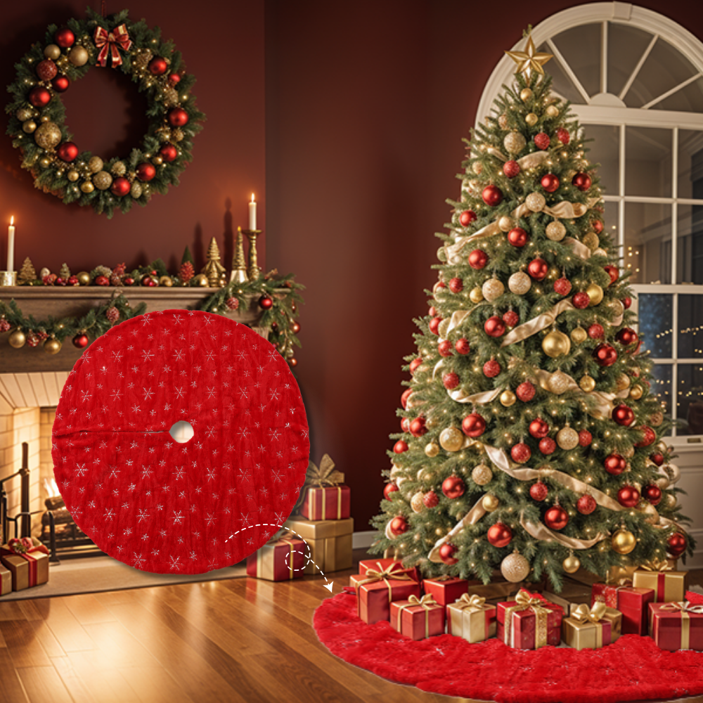 SINT 48 Inch Large Red Chritsmas Tree Skirt with Gold Snowflake