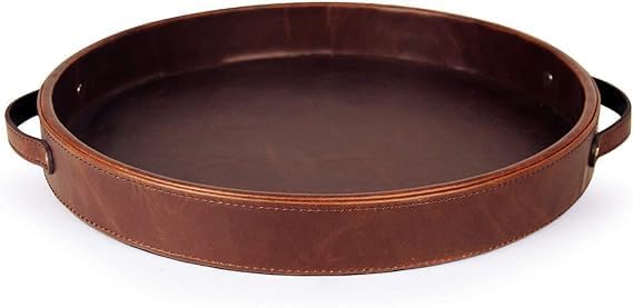 SINT Round Leather Stitched Tray with Leather Handle