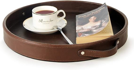 SINT Round Leather Stitched Tray with Leather Handle