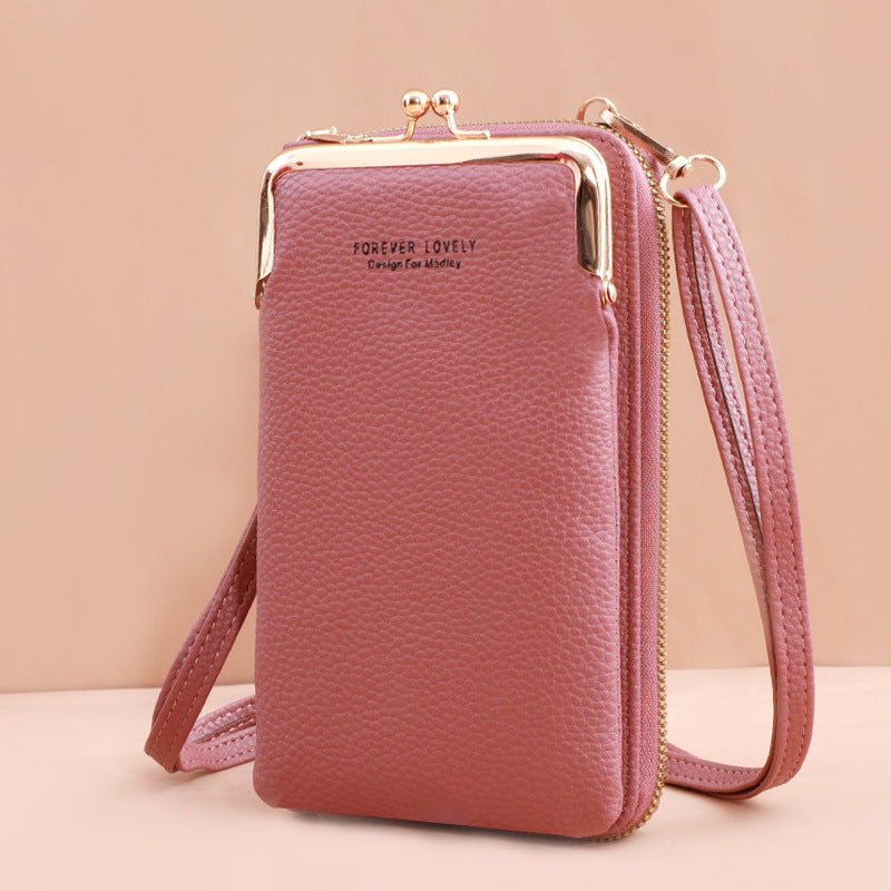 Mobile Phone Bag With Lock Design Korean Style Fashion Lychee Pattern Crossbody Bags For Women