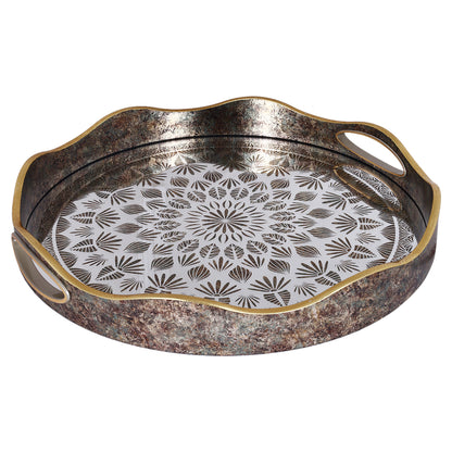 Vintage Round Serving Tray with Handles, Black-Gold