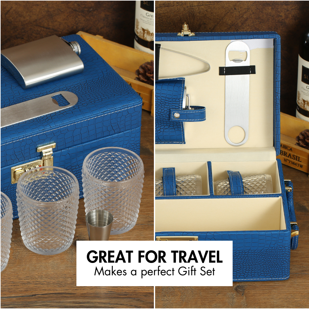 SINT Premium Faux Leather Wine/Whiskey traveler Box Set - Includes 4 Accessories and 3 Glasses