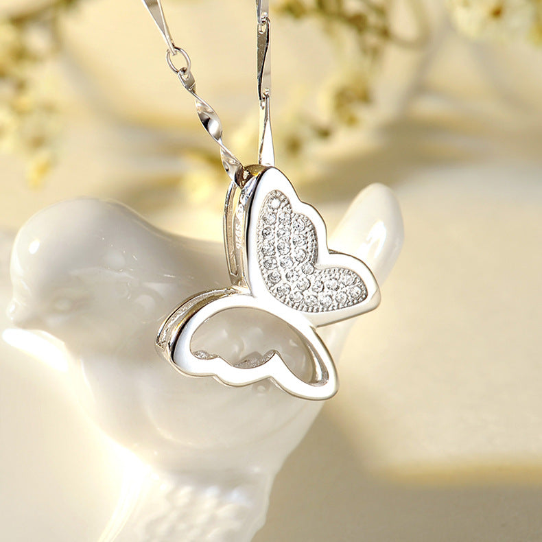 Jewelry S925 Silver Necklace Women's Micro-inlaid Butterfly Short Pendant Clavicle Chain