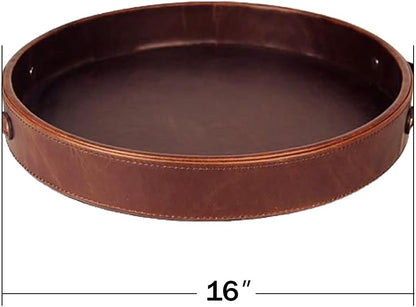 SINT Round Leather Stitched Tray with Leather Handle