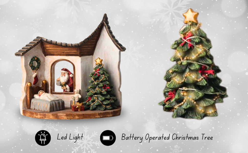 Christmas House Decoration, Warm White Led Light Battery Operated Christmas Ornament Resin Christmas Tree Figurines, Santa Christmas Decorations, House Gift