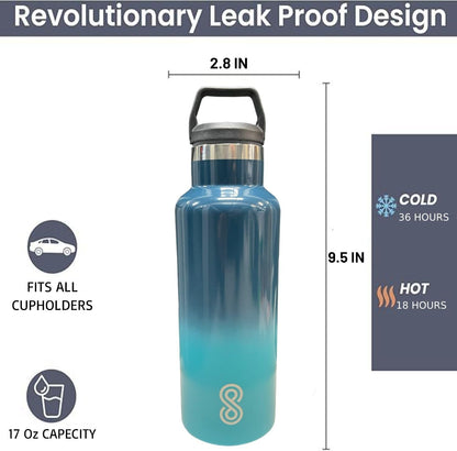 Water Bottle - 17 Oz, Leak Proof - Stainless Steel | Ocean Wave