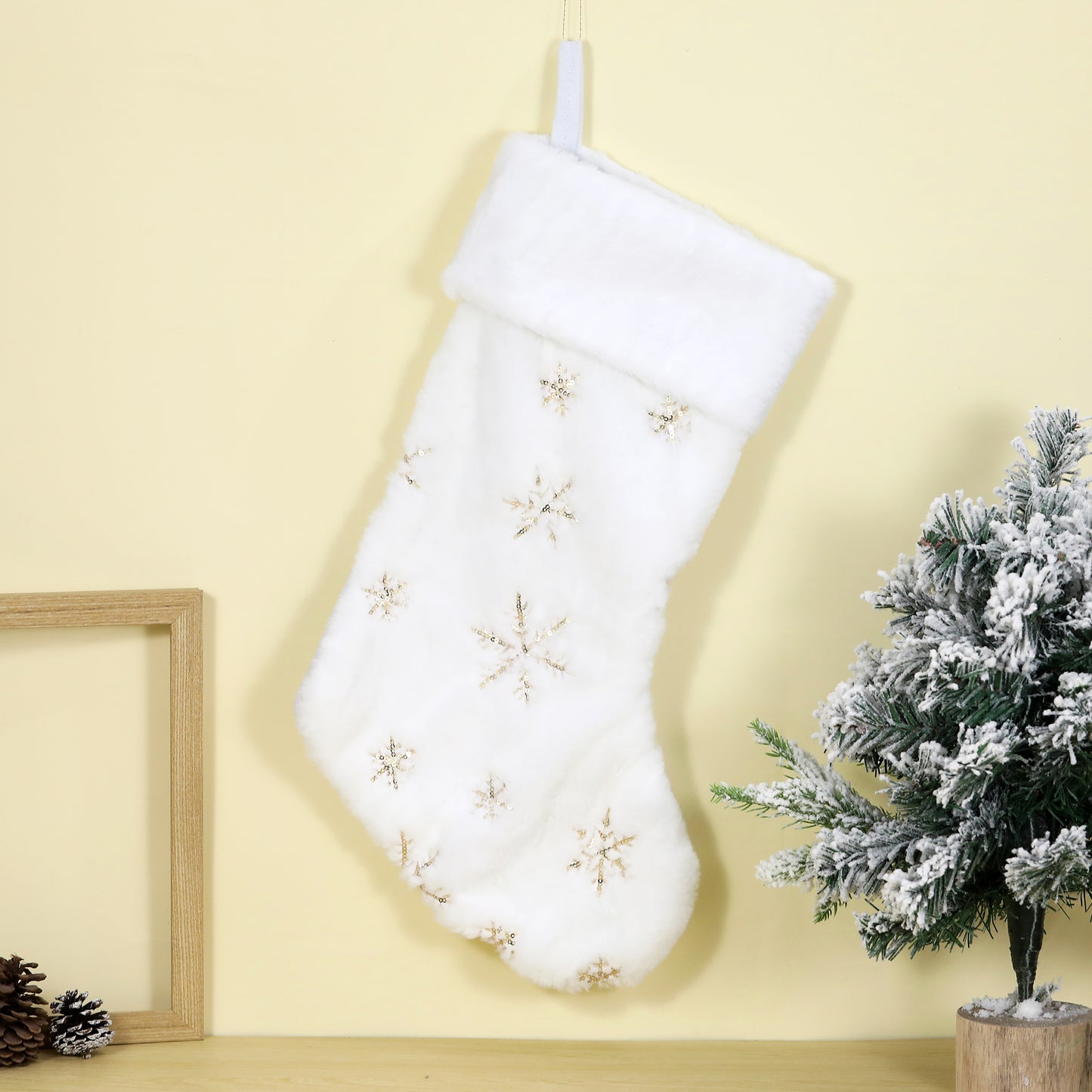 SINT 17 Inch Large White Christmas Hanging Stockings with Golden Sequin Snowflakes