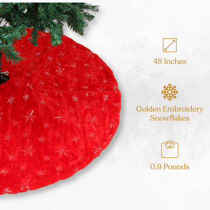 SINT 48 Inch Large Red Chritsmas Tree Skirt with Gold Snowflake