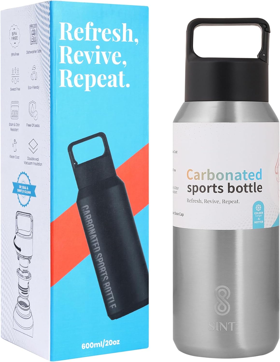 Carbonated Sports Bottle- Leak Proof 20 oz| 600 ML Silver