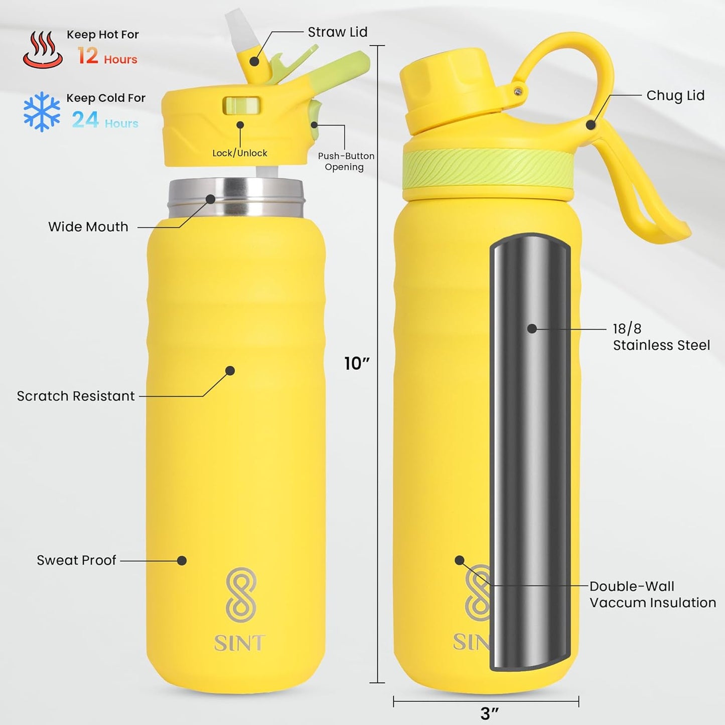 Vacuum Insulated Water Bottle- Leak Proof 24 oz| 700 ML Yellow