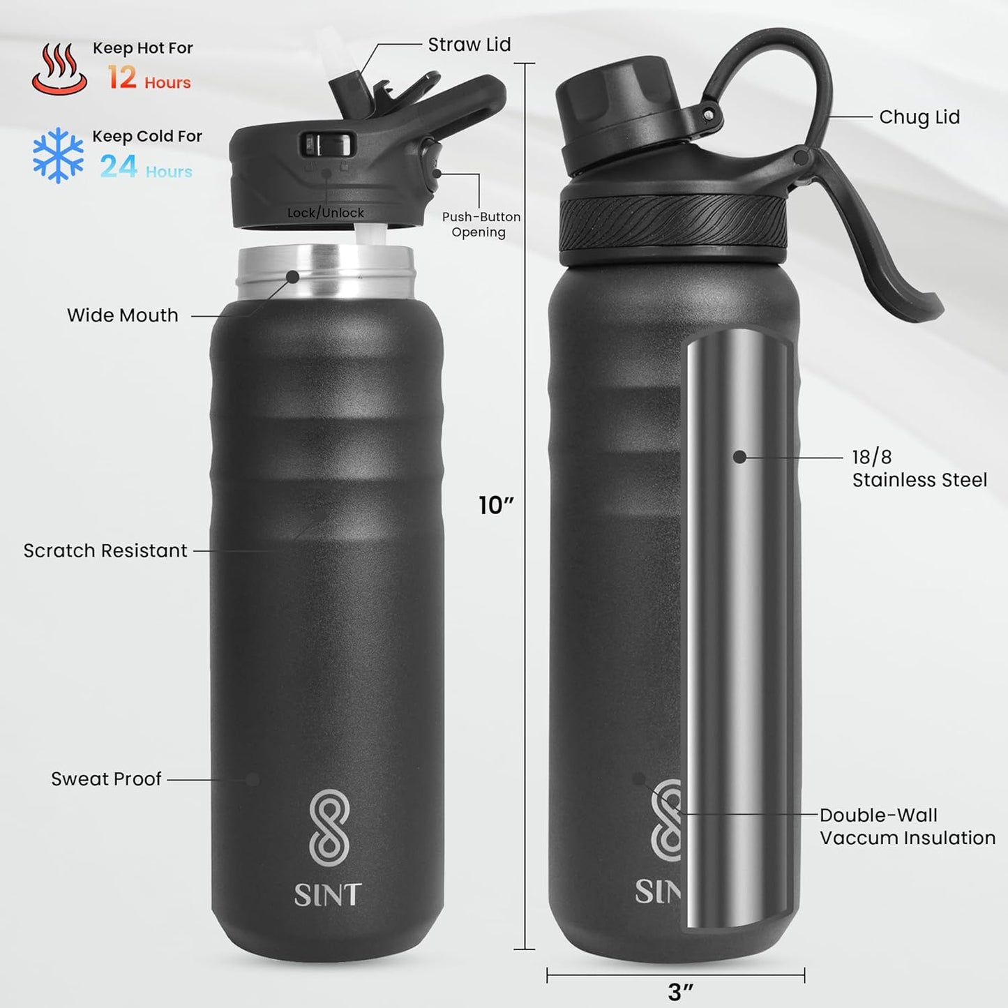 Vacuum Insulated Water Bottle- Leak Proof 24 oz| 700 ML Black