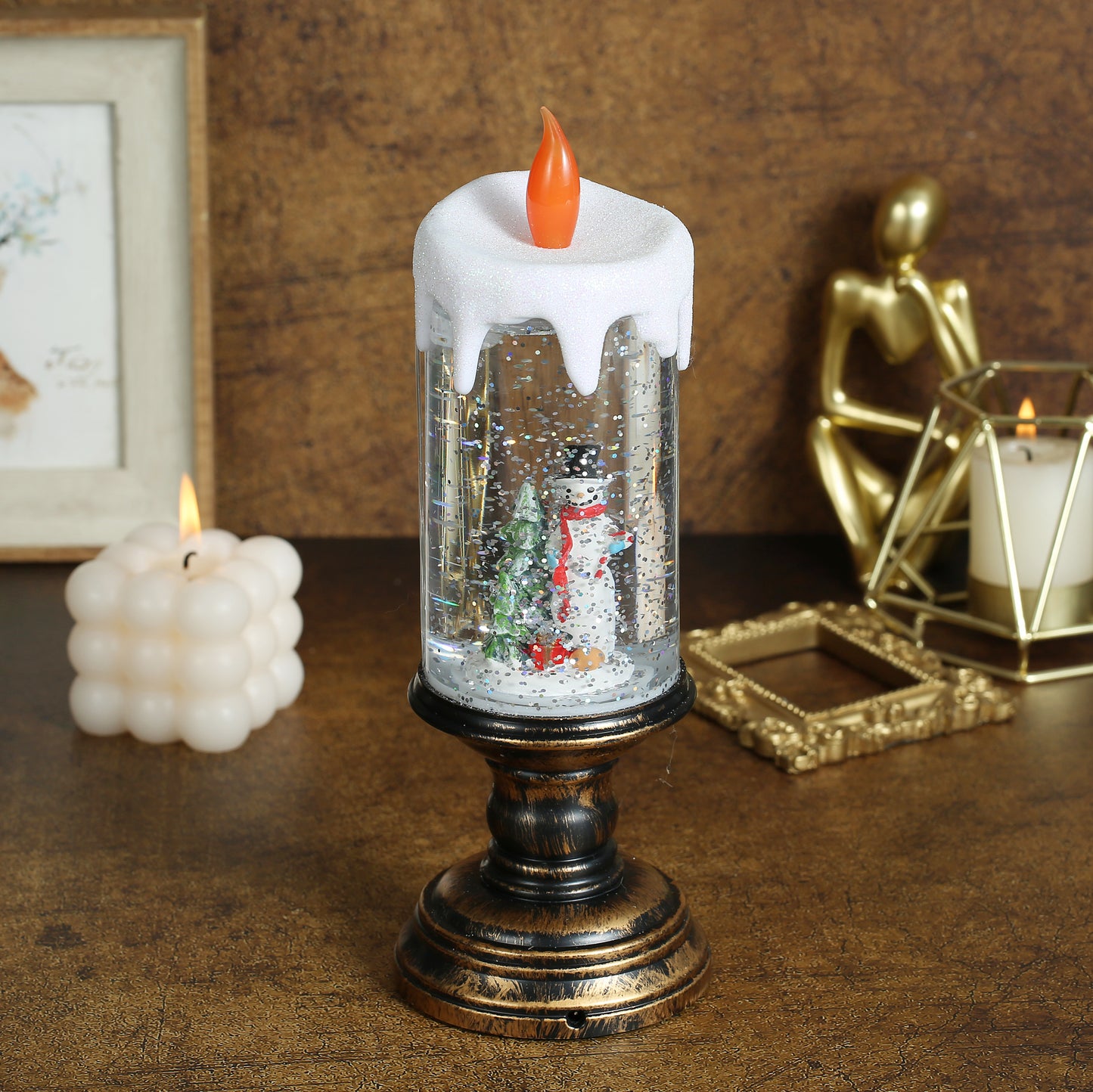 SINT Christmas Musical Snow Globe Candlestick Lantern with Snowman Scene for Christmas Decoration