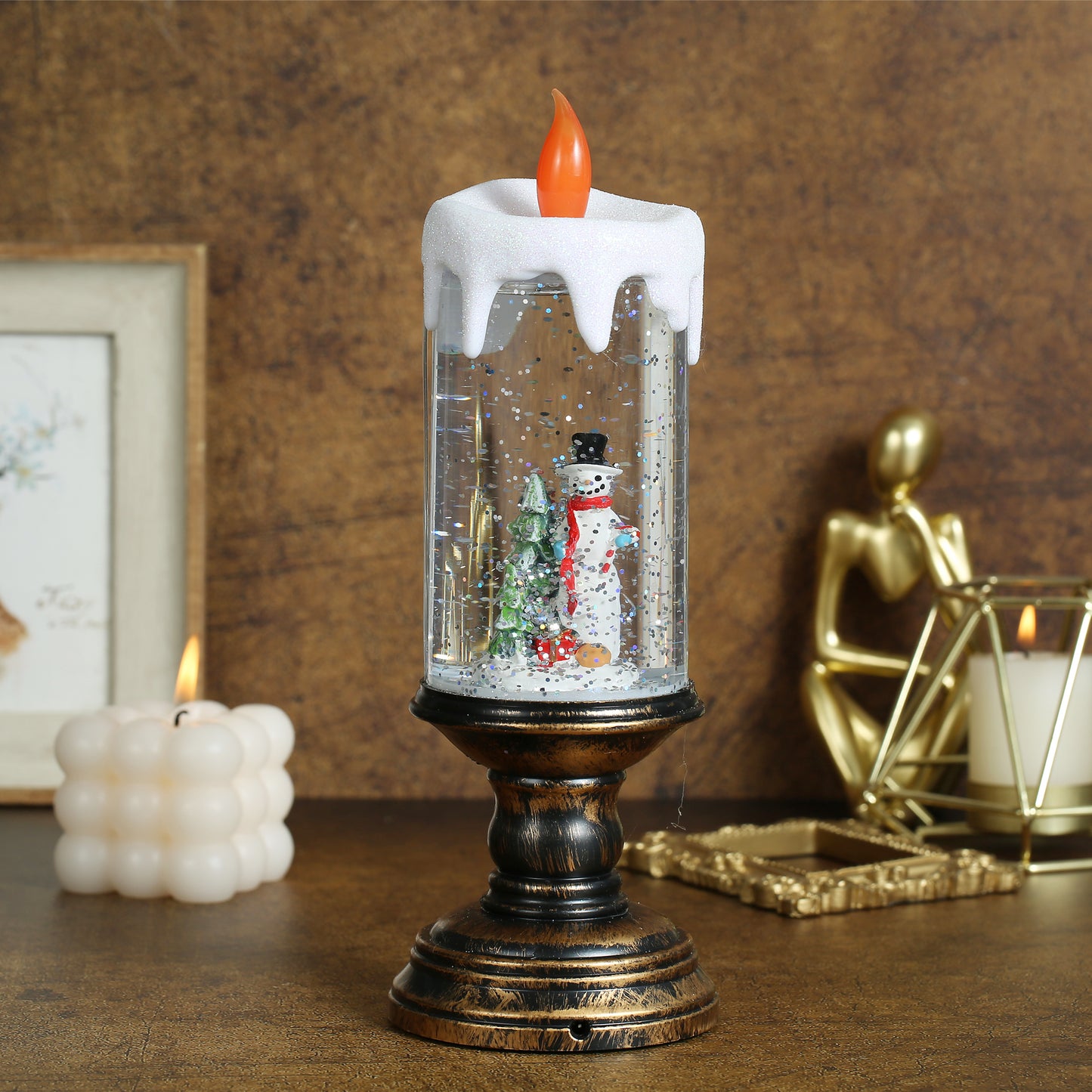 SINT Christmas Musical Snow Globe Candlestick Lantern with Snowman Scene for Christmas Decoration