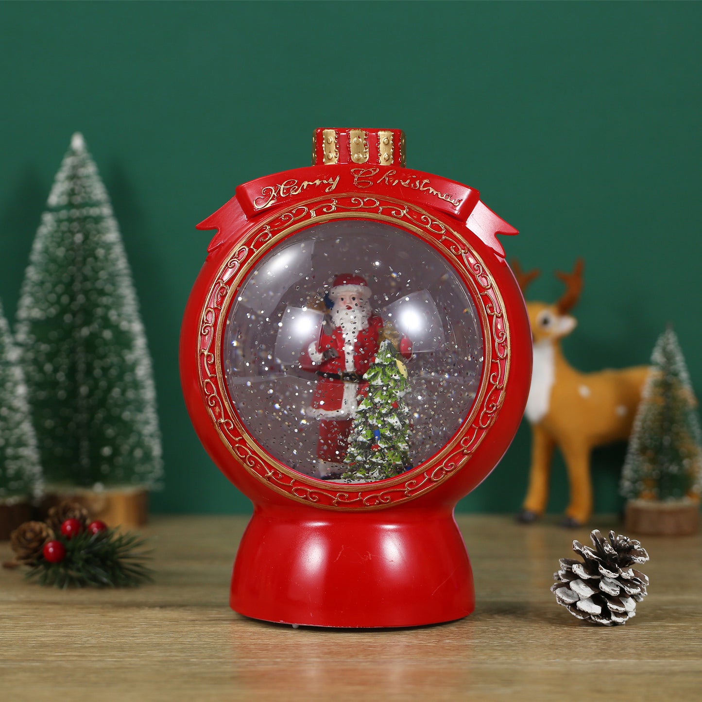 SINT Christmas Musical Red Round Snow Globe Lantern with Santa Claus Scene for Christmas Decoration