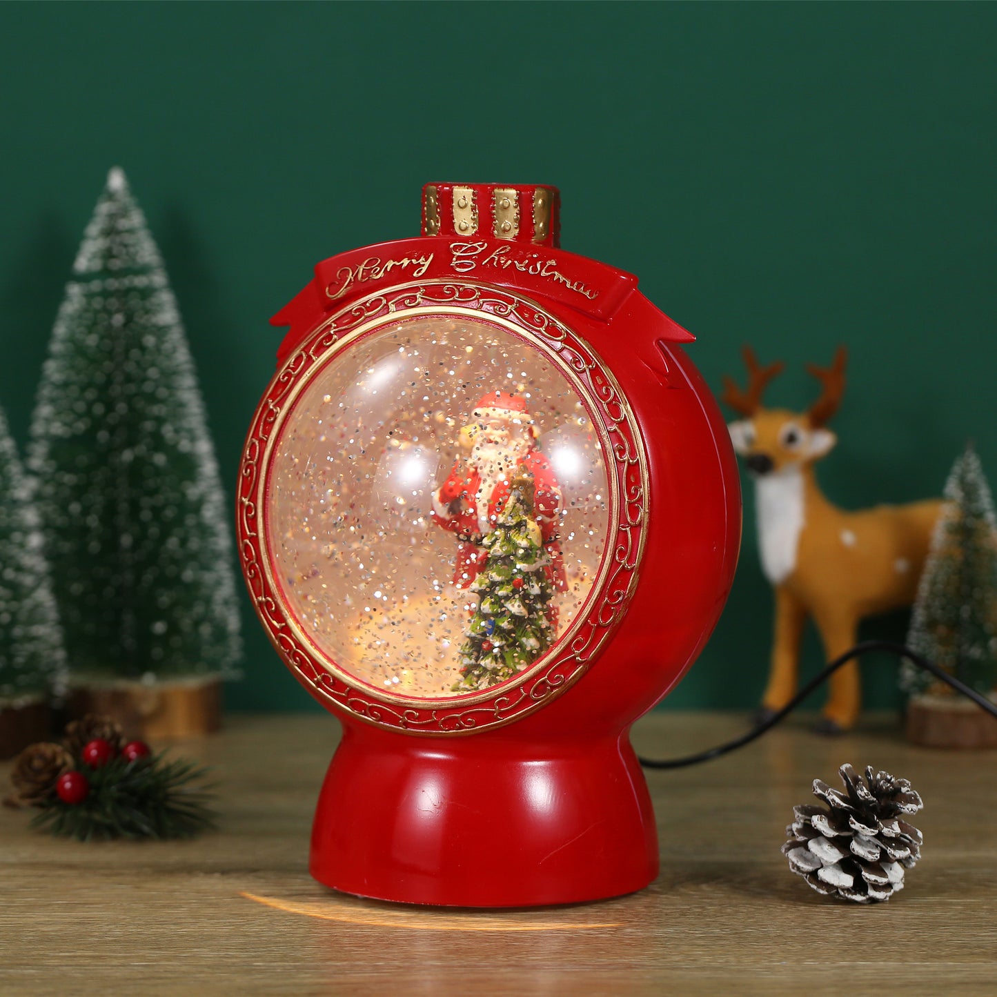 SINT Christmas Musical Red Round Snow Globe Lantern with Santa Claus Scene for Christmas Decoration