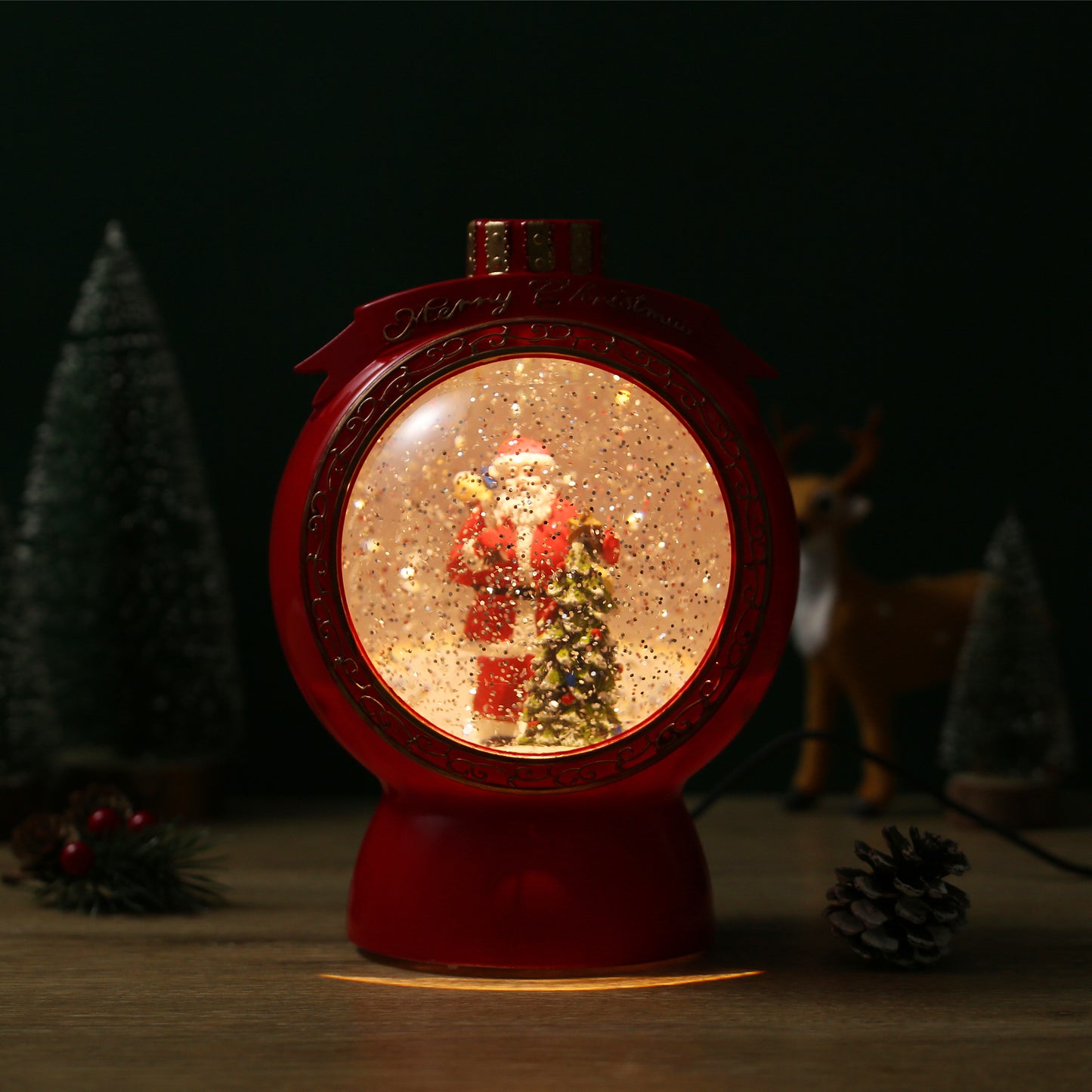 SINT Christmas Musical Red Round Snow Globe Lantern with Santa Claus Scene for Christmas Decoration