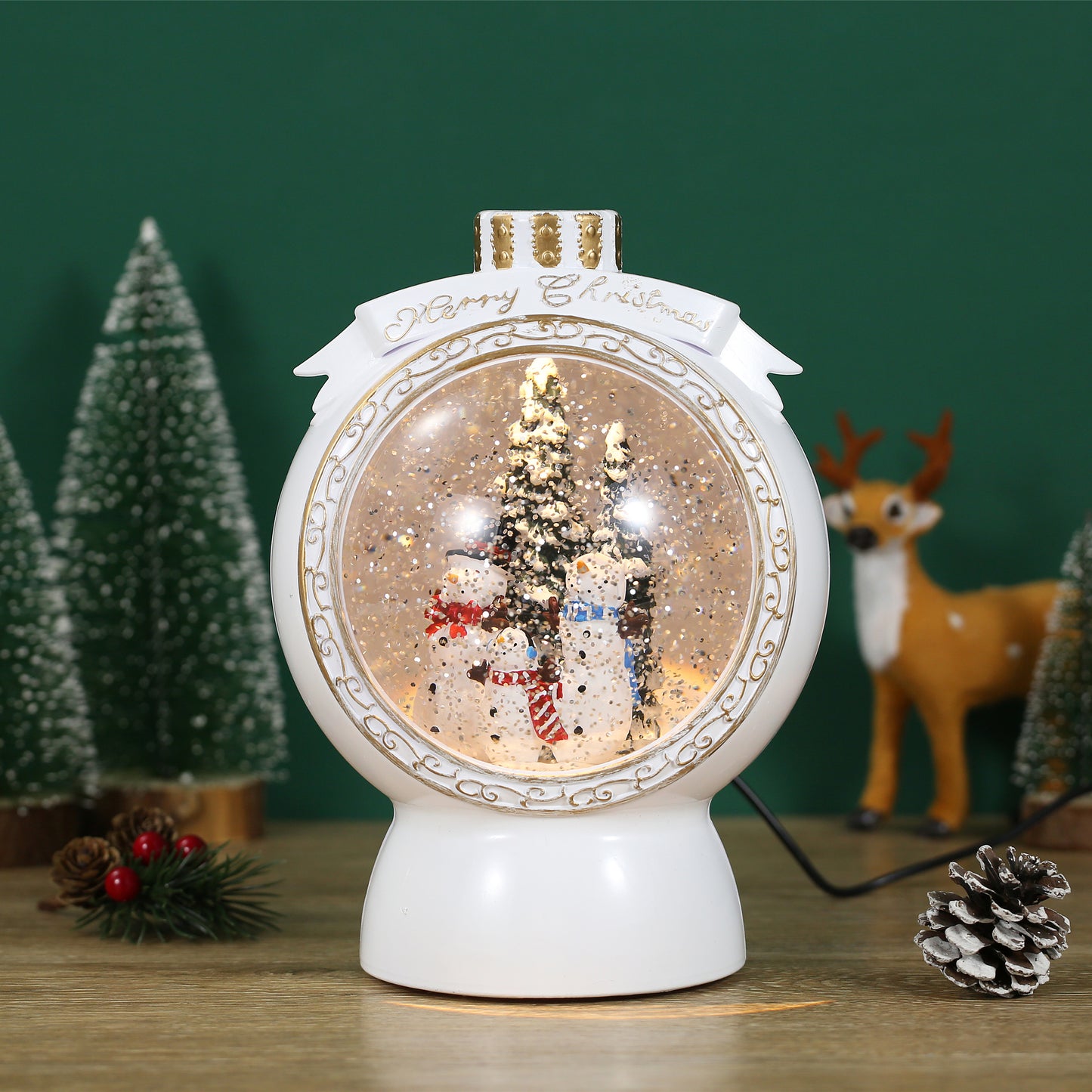 SINT Christmas Musical White Round Snow Globe Lantern with Snowman Family Scene for Christmas Decoration