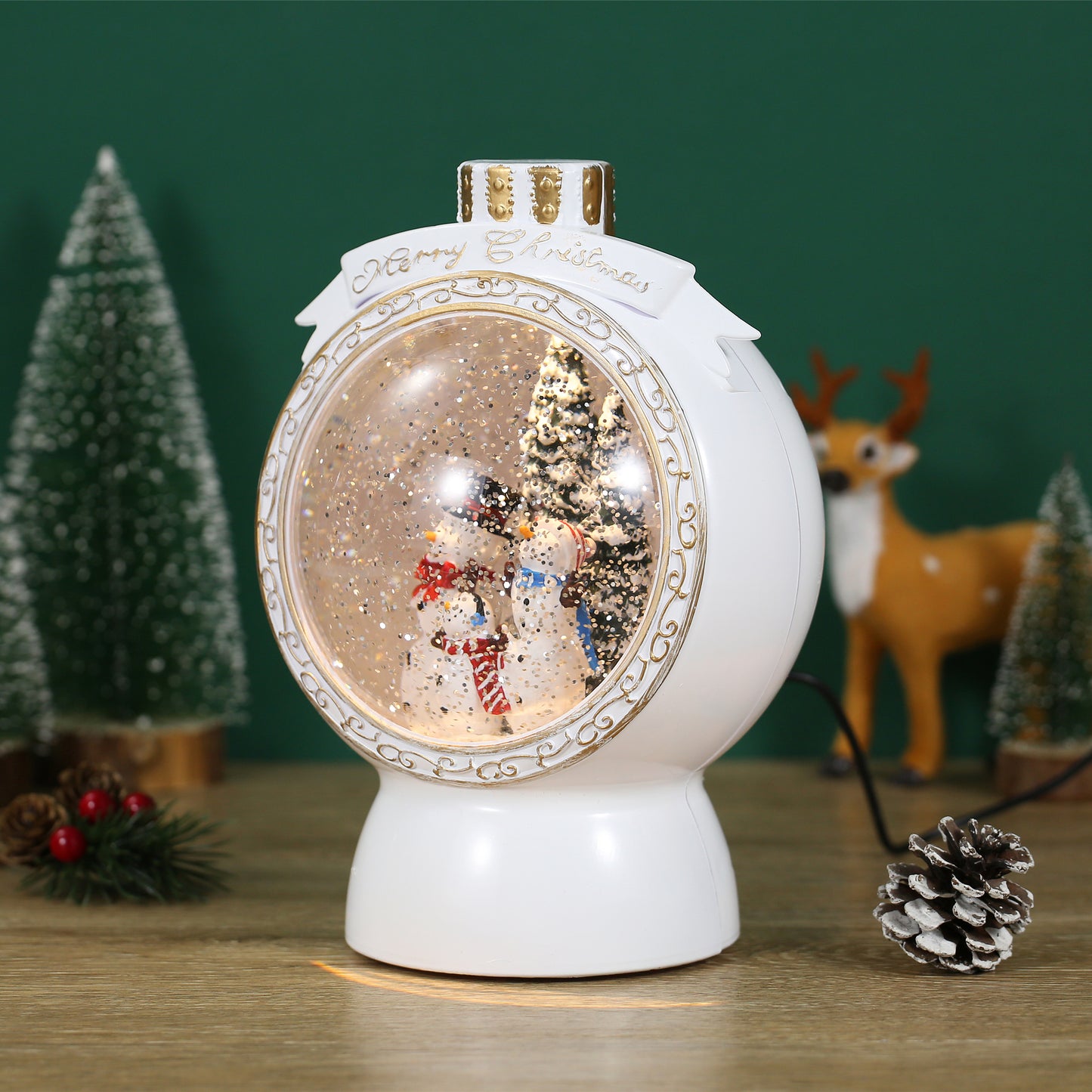 SINT Christmas Musical White Round Snow Globe Lantern with Snowman Family Scene for Christmas Decoration