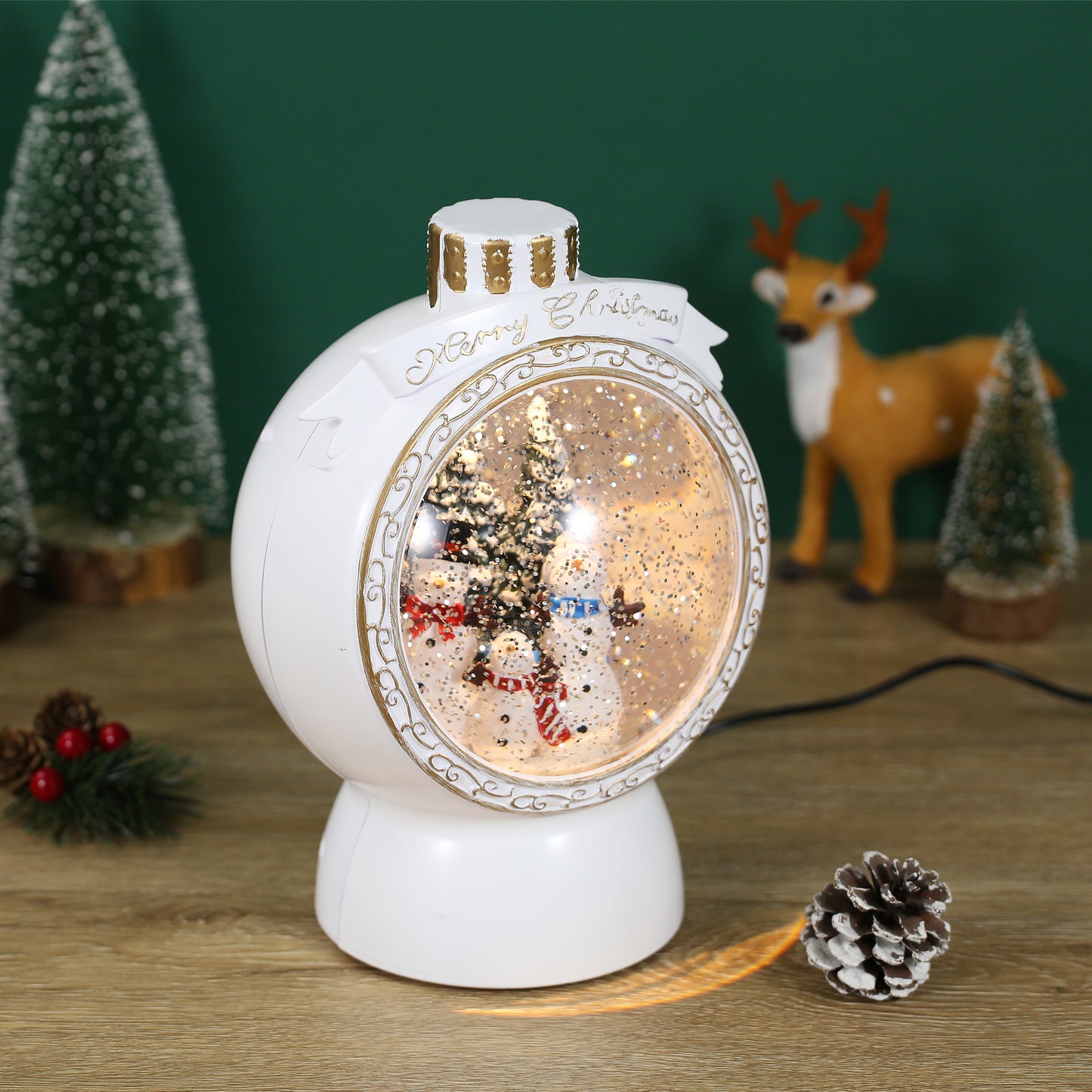 SINT Christmas Musical White Round Snow Globe Lantern with Snowman Family Scene for Christmas Decoration