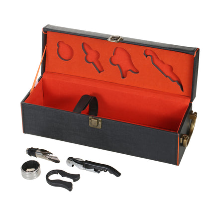 SINT Premium Gray Color Single Bottle Faux Leather Wine/Whiskey traveler Box Set- Includes 4 Accessories