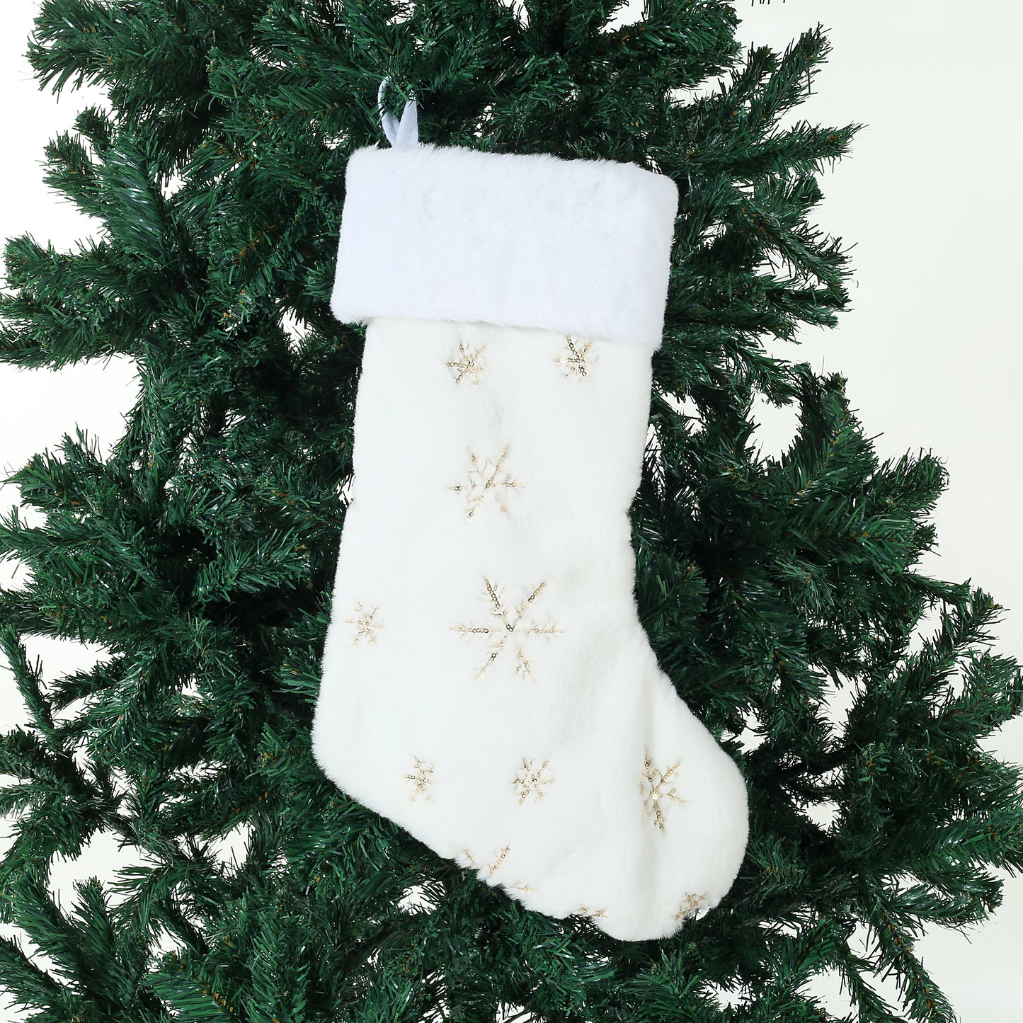 SINT 17 Inch Large White Christmas Hanging Stockings with Golden Sequin Snowflakes