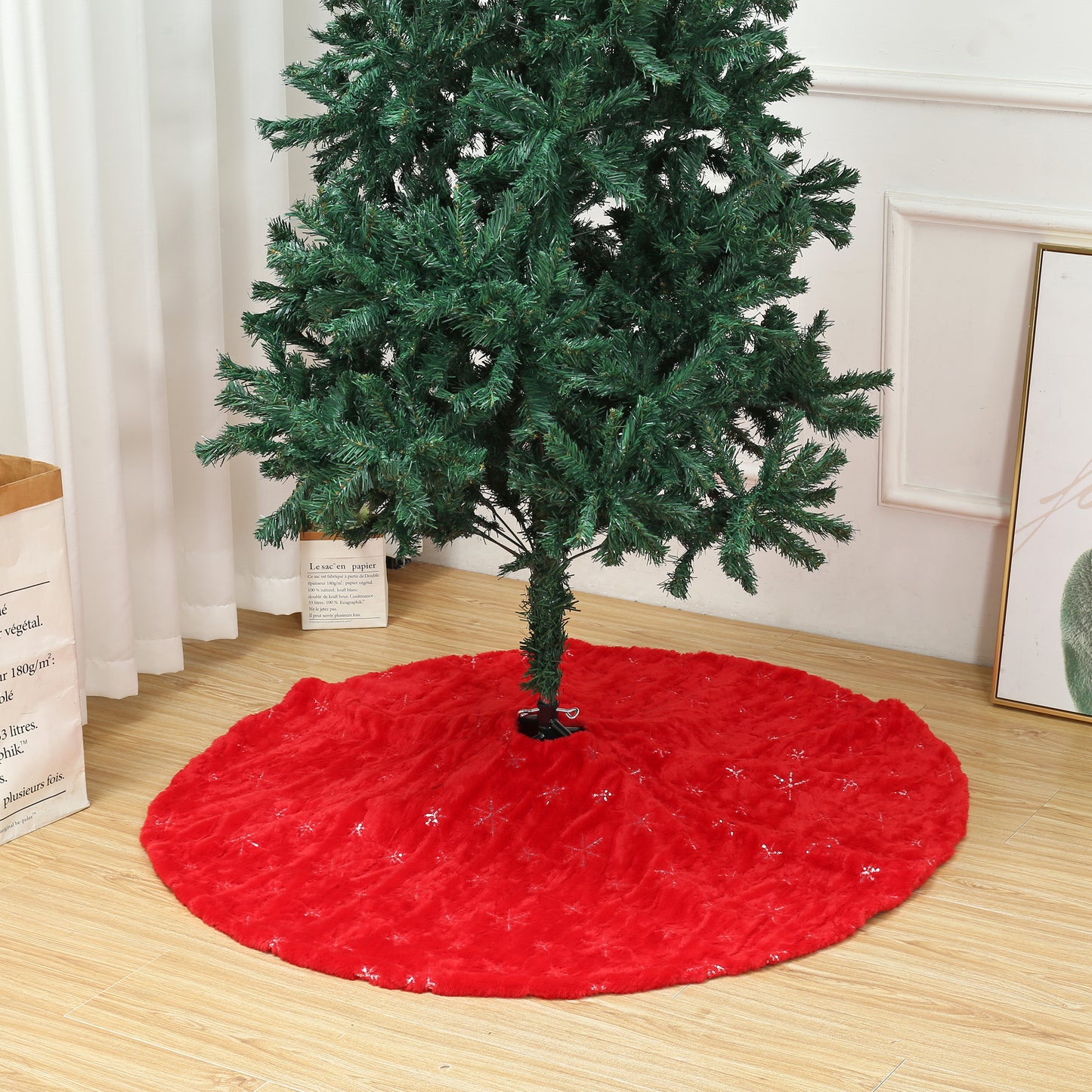 SINT 48 Inch Large Red Chritsmas Tree Skirt with Gold Snowflake