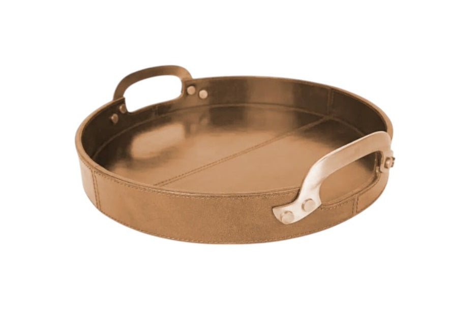 Round Leather Stitched Tray with Brass Handle