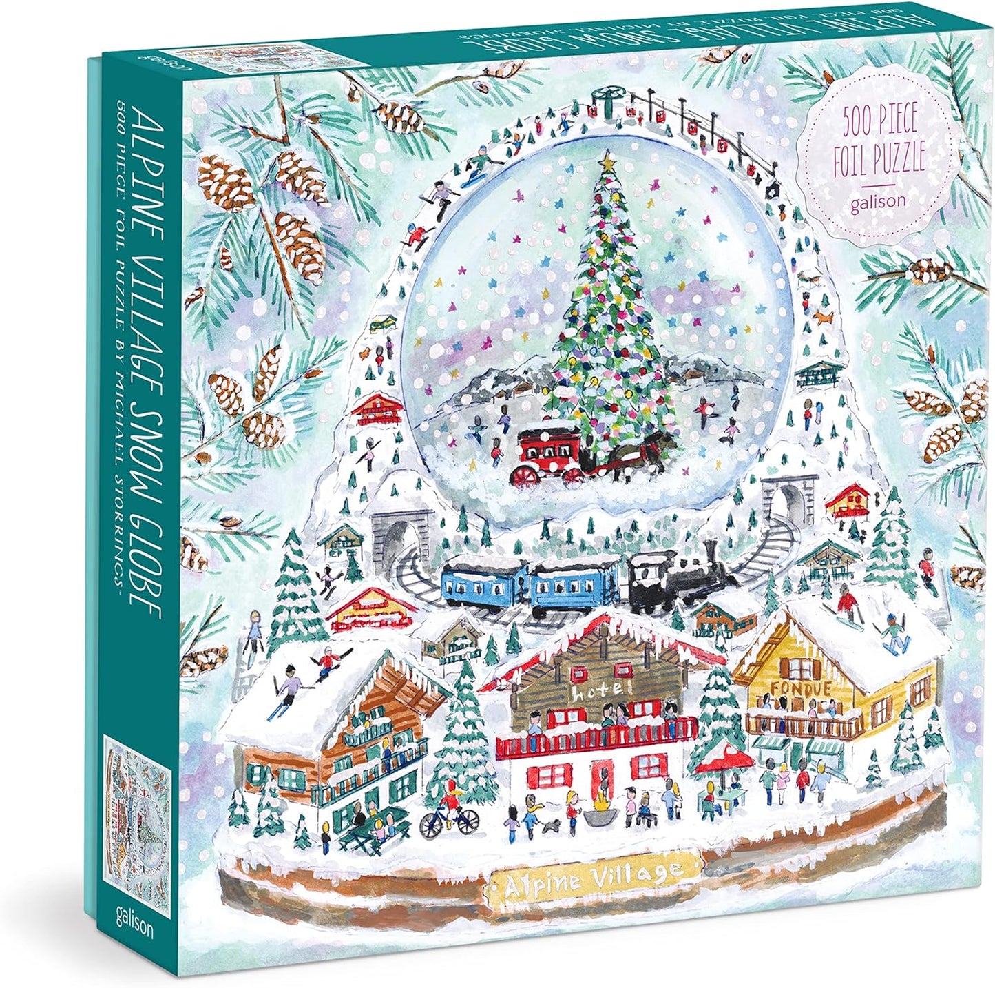 Galison Michael Storrings Alpine Village Snow Globe – 500 Piece Foil Puzzle of Christmas Snow Filled Mountains Artwork with Gold Foil Accents