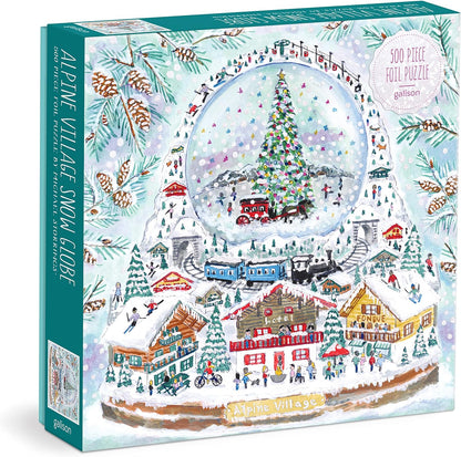 Galison Michael Storrings Alpine Village Snow Globe – 500 Piece Foil Puzzle of Christmas Snow Filled Mountains Artwork with Gold Foil Accents