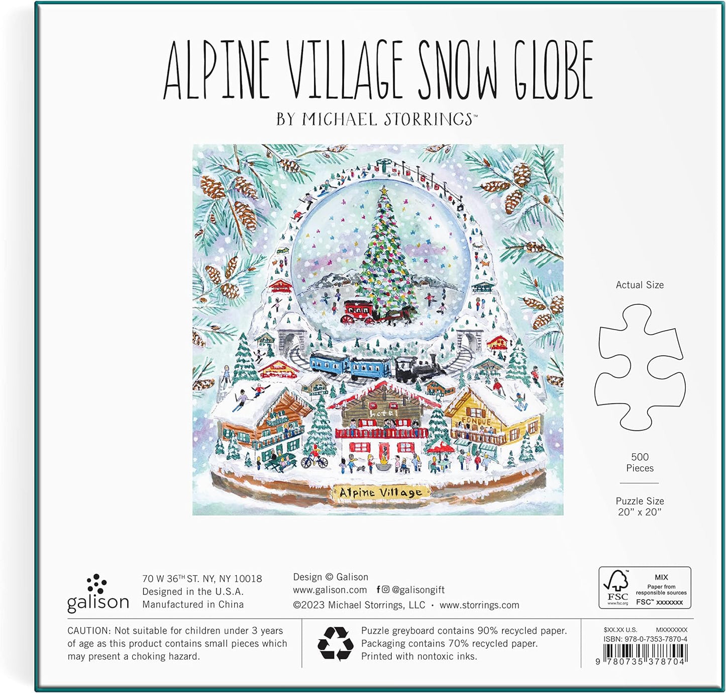 Galison Michael Storrings Alpine Village Snow Globe – 500 Piece Foil Puzzle of Christmas Snow Filled Mountains Artwork with Gold Foil Accents