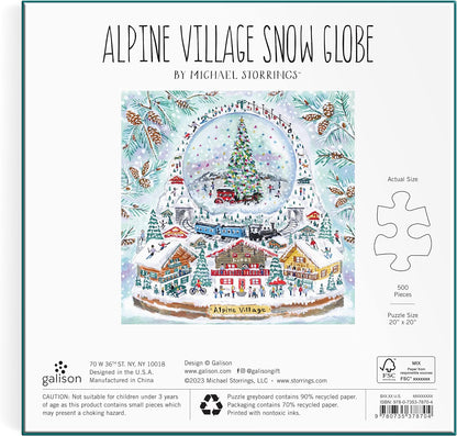 Galison Michael Storrings Alpine Village Snow Globe – 500 Piece Foil Puzzle of Christmas Snow Filled Mountains Artwork with Gold Foil Accents