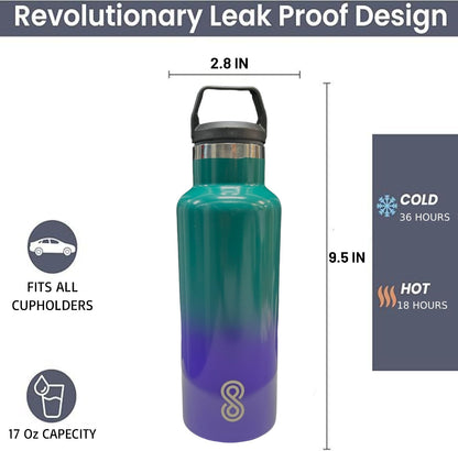 Water Bottle - 17 Oz, Leak Proof - Stainless Steel | Blue Lagoon