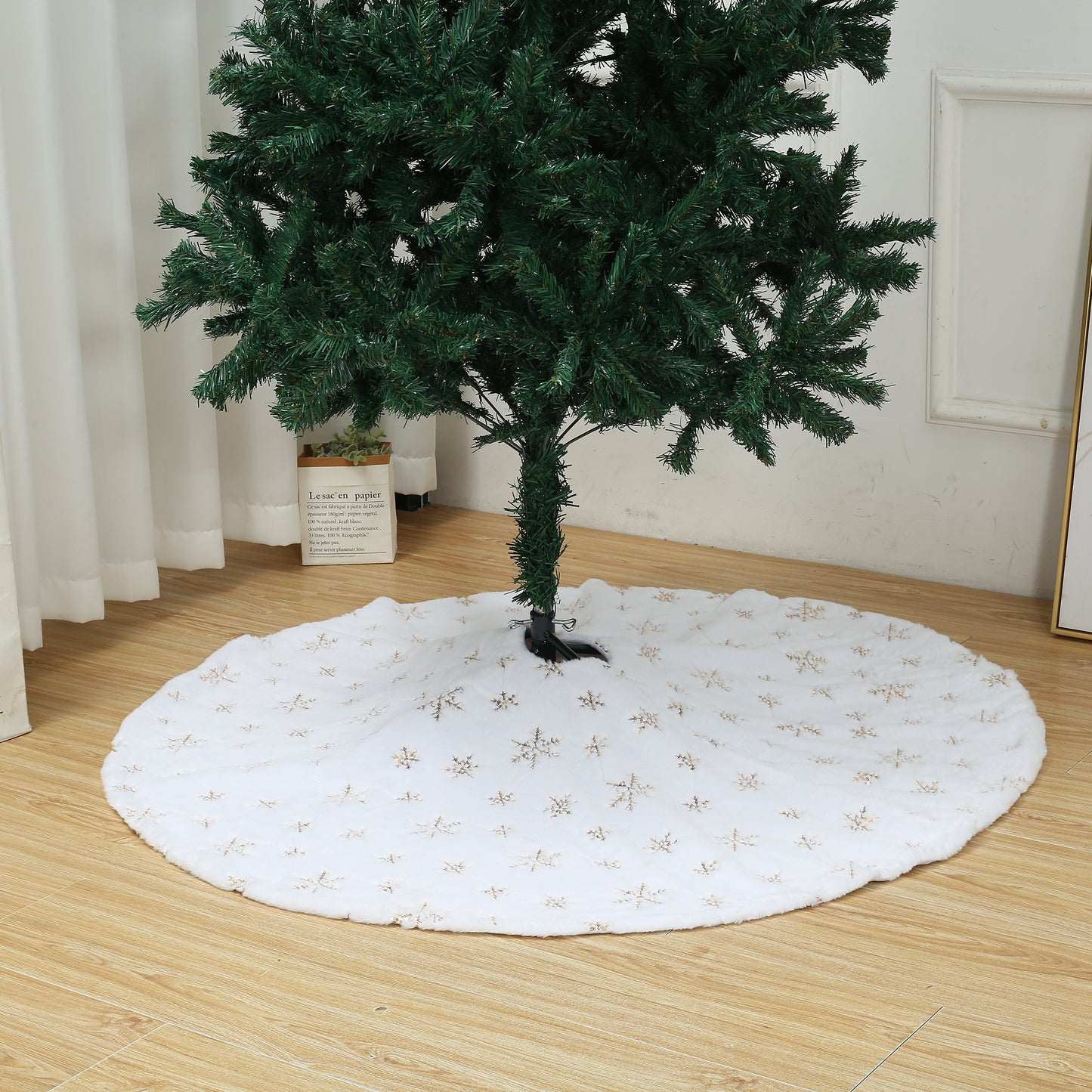 SINT 48 Inch Large White Chritsmas Tree Skirt with Gold Snowflake