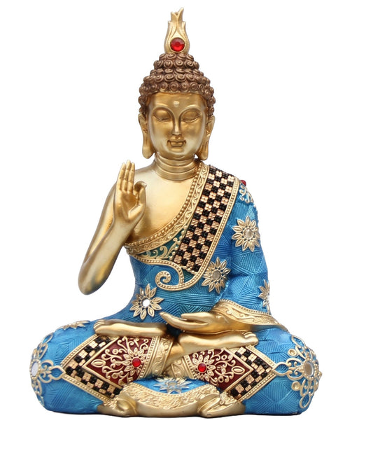 Premium Meditating Buddha Statue for Home Decor Elegant Blue and Gold Lord Buddha Sculpture Figurine for Living Room, Office Desk, and Vastu Spiritual Gifts
