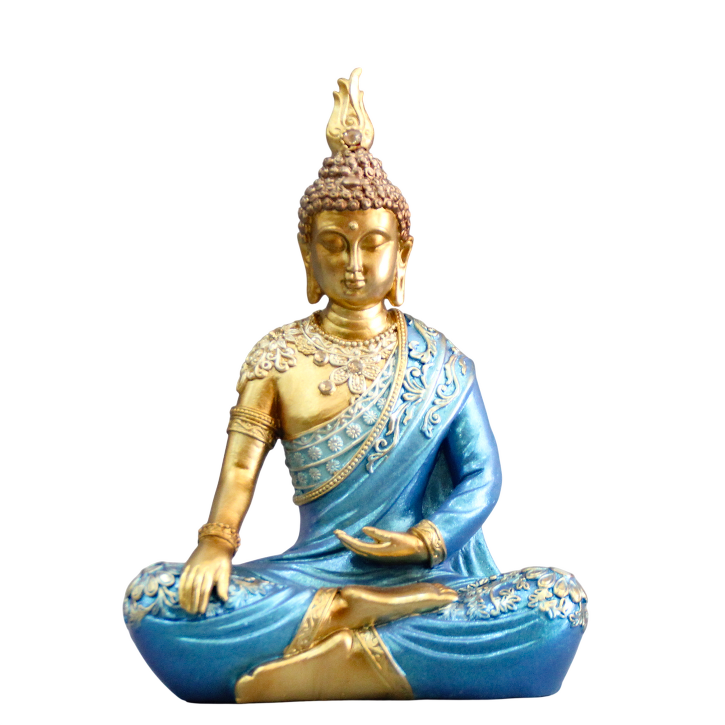 Premium Meditating Buddha Statue for Home Decor Elegant Blue and Gold Lord Buddha Sculpture Figurine for Living Room, Office Desk, and Vastu Spiritual Gifts