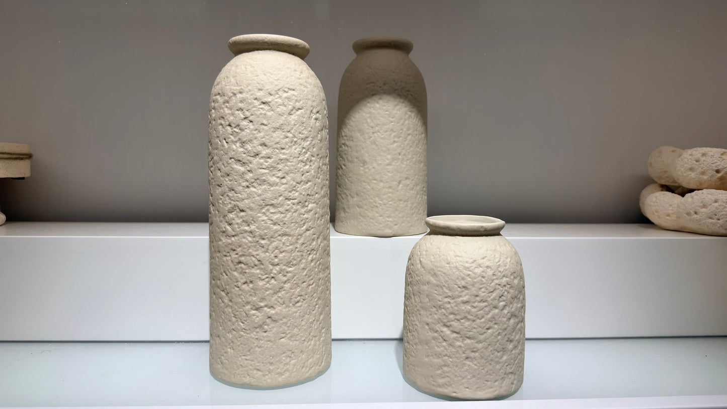 Rustic Ceramic Vase Set of 3, Modern Coarse Stone Textured Flower Vases for Aesthetic Home Decor, Bedroom Table and Console Shelf Display