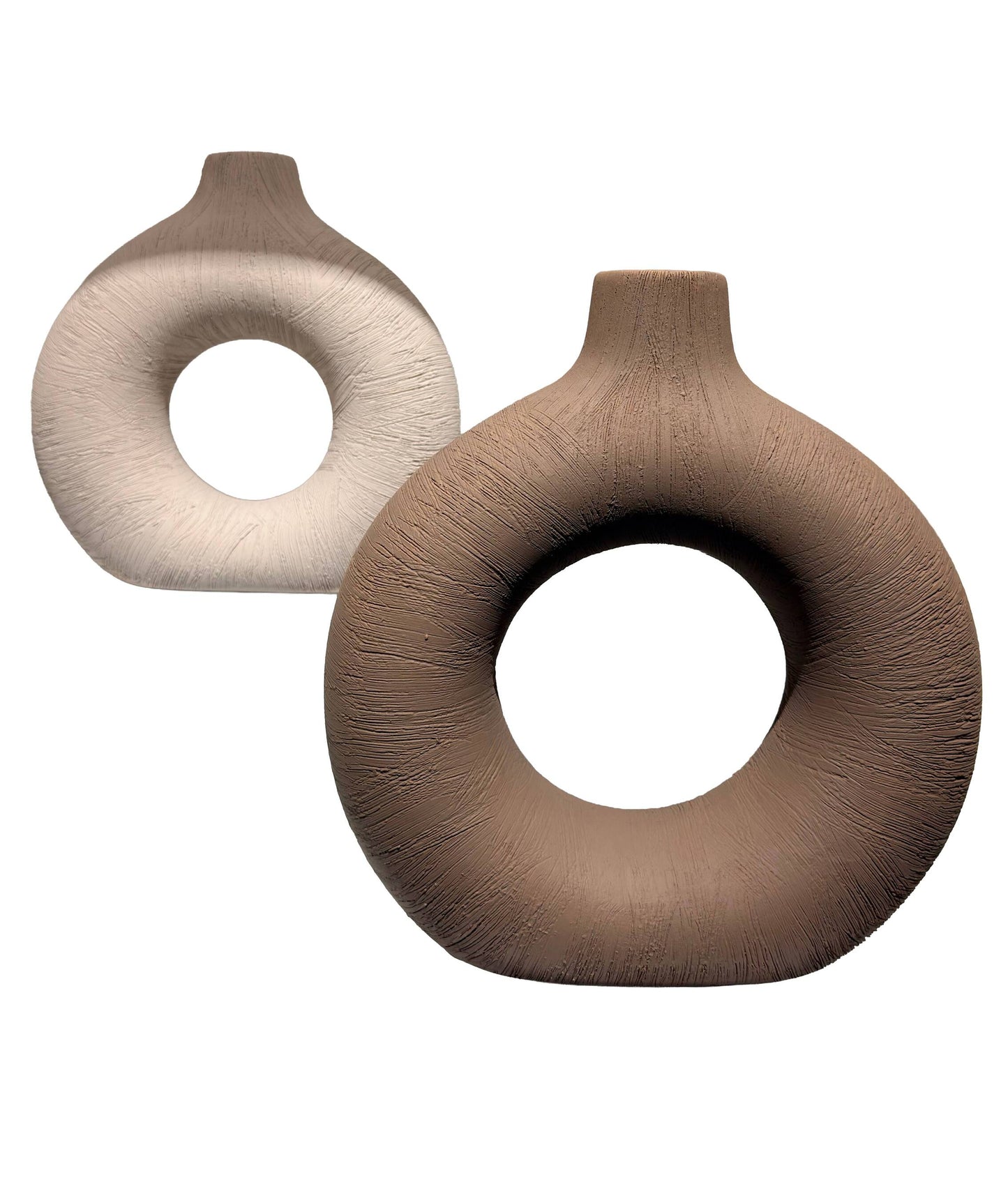 Ceramic Donut Vase Set of 2, Hollow Matte Pampas Flower Vases for Boho Home Wedding Party, Dinner Table and Shelf Decor (Large)