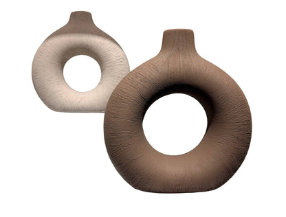 Ceramic Donut Vase Set of 2, Hollow Matte Pampas Flower Vases for Boho Home Wedding Party, Dinner Table and Shelf Decor (Large)