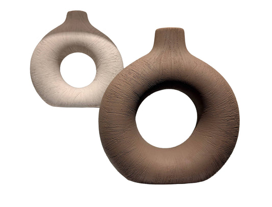 Ceramic Donut Vase Set of 2, Hollow Matte Pampas Flower Vases for Boho Home Wedding Party, Dinner Table and Shelf Decor (Large)