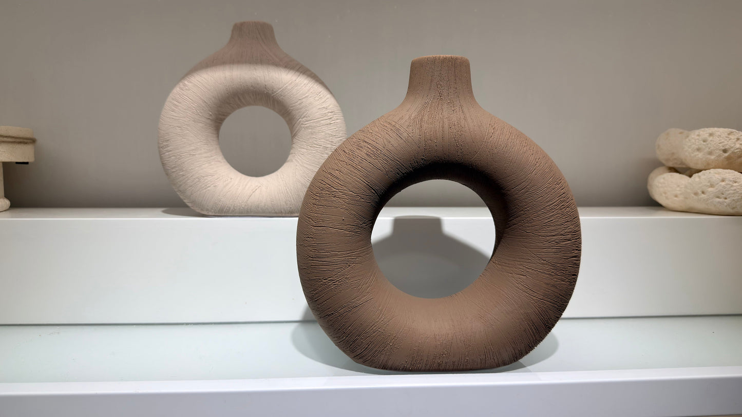 Ceramic Donut Vase Set of 2, Hollow Matte Pampas Flower Vases for Boho Home Wedding Party, Dinner Table and Shelf Decor (Large)