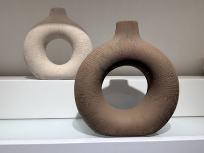 Ceramic Donut Vase Set of 2, Hollow Matte Pampas Flower Vases for Boho Home Wedding Party, Dinner Table and Shelf Decor (Small)